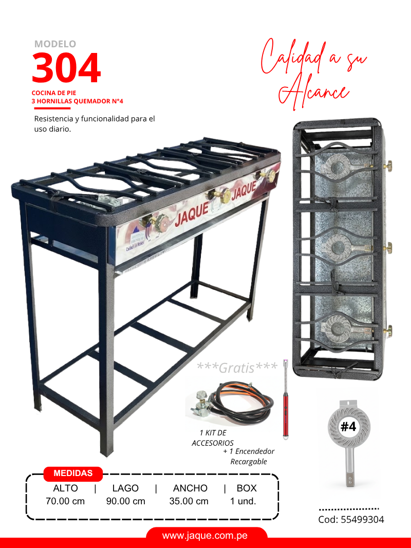 COCINA DE PIE MODELO 304 3H Q#4 P/DESMOTABLE 90X35X70 (CPJQ4H3)-JAQUE