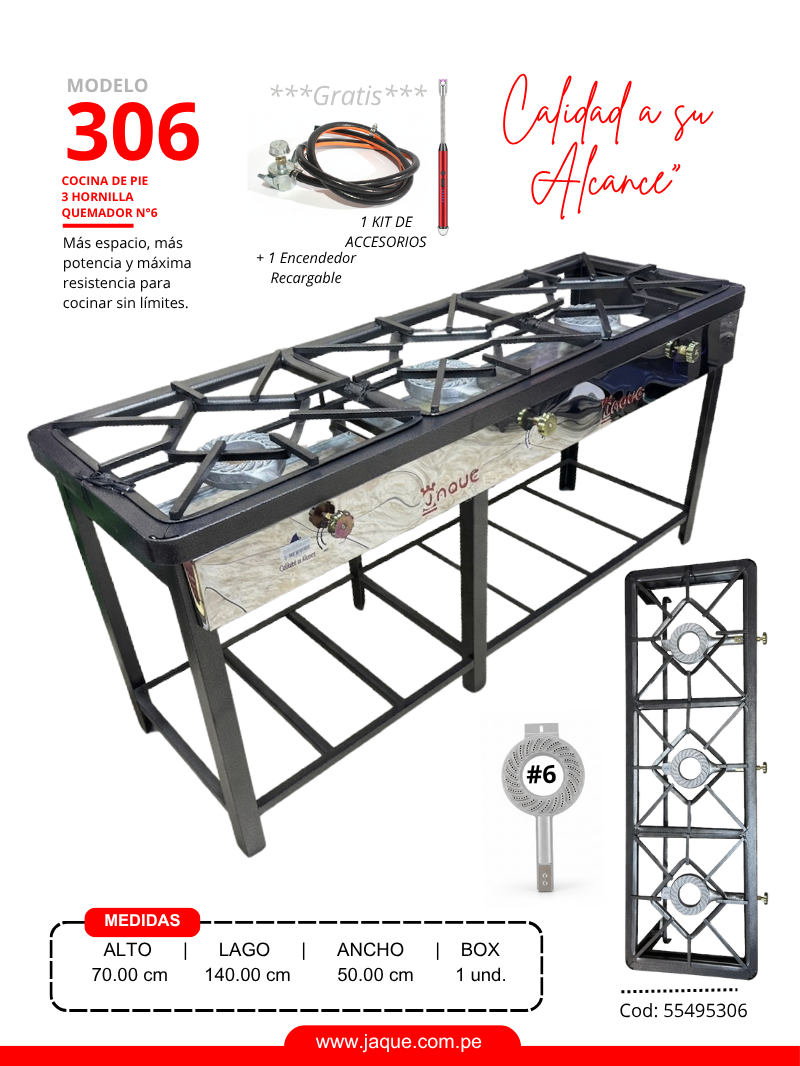 COCINA DE PIE MODELO 306 3H Q#6 P/DESMOTABLE 140X50X70 (CPJQ6H3)-JAQUE